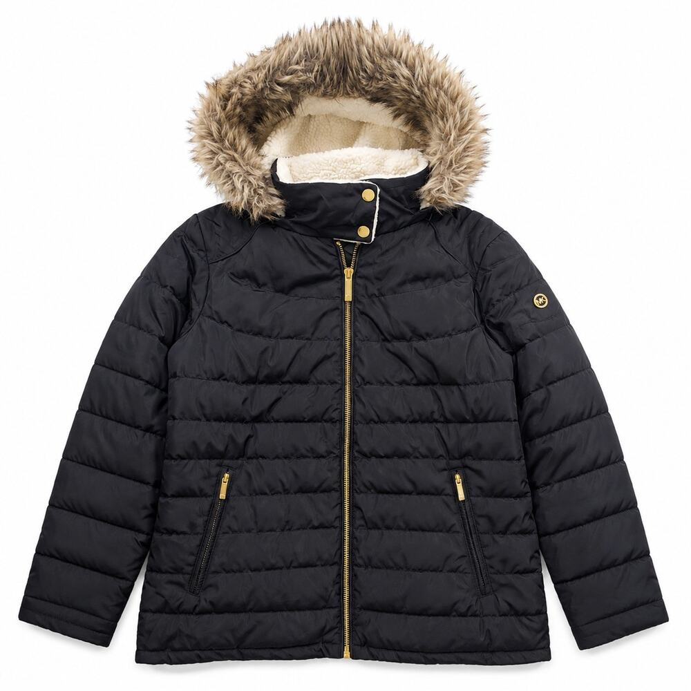 Michael Kors Quilted Puffer Jacket Womens 1X Fur Lined Hood Zip Pockets Black